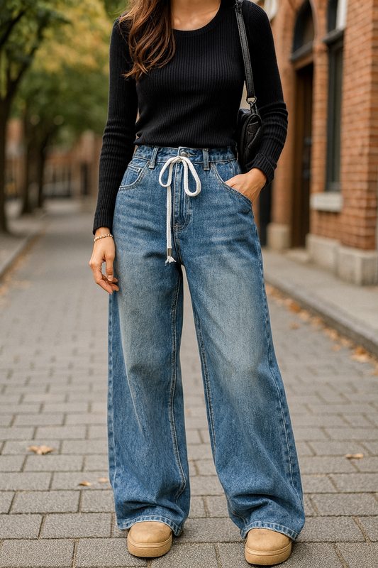 Woman’s Pantaloni Vintage a Vita Alta con Coulisse – Denim Blu